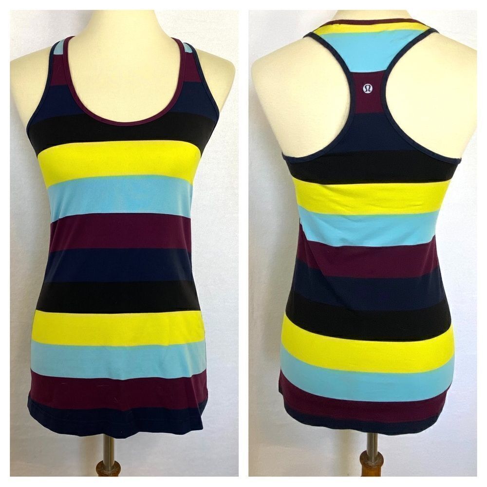 LULULEMON COOL RACER TANK TOP  POWER STRIPE  SPLIT PEA   PLUM  INKWELL